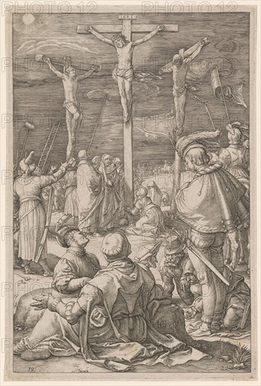 Christ on the Cross, copperplate, plate: 20.3 x 13.5 cm |, Leaf: 20.7 x 14 cm, U. l., numbered: 10, u, ., monogrammed on the stone: HG [lig.], Hendrick Goltzius, Mühlbrecht 1558–1617 Haarlem