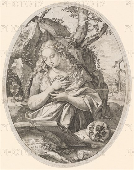 Pending Magdalena, 1582, copperplate, plate: 17.7 x 13.7 cm (oval) |, Leaf: 18.3 x 14.3 cm (oval cut out), U. l., designated and dated: Henricus Goltzius, inuen,, Hendrick Goltzius, Mühlbrecht 1558–1617 Haarlem