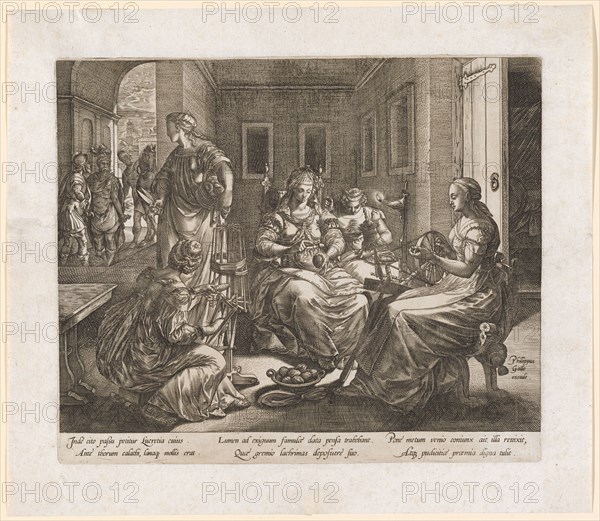 Lucretia with her women spinning, 1578/79, copperplate, plate: 21.1 x 25.1 cm |, Leaf: 26.4 x 30.3 cm, U. r., designated: Phillippus, bile, excude ., below the picture: Inde cito passu petit Lucretia cuius., Ante thorum calathi, lanaq [ue] mollis erat., Lumen ad exiguum famulæ data pensa trahebant., Quæ gremio lachrimas deposuere suo., Pone metum venio coniunx ait illa renixit, Atq [ue] pudicitiæ præmia digna tulit., Hendrick Goltzius, Mühlbrecht 1558–1617 Haarlem, Philips Galle, Verleger, Haarlem um 1537–1612 Antwerpen