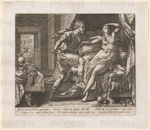 Sextus Tarquinius overwhelms Lucretia, 1578/79, copperplate, plate: 21.1 x 25 cm |, Sheet: 26.1 x 30.1 cm, U. M. inscribed: Henricus Goltzius inuentor et sculptor, Phillippus Galle exc., below the image field: Interea iuuenis furiales regius ignes, Concipit, et c [a] eco raptus amore furit., Hostis vt hospes init, vaginaq [ue] eripit ensem, et venit in thalamos nupta pudica tuos., Additit atq [ue] necem, famulumq [ue] in crimina iungit, Succubuit famæ victa puella metu., Hendrick Goltzius, Mühlbrecht 1558–1617 Haarlem, Philips Galle, Verleger, Haarlem um 1537–1612 Antwerpen