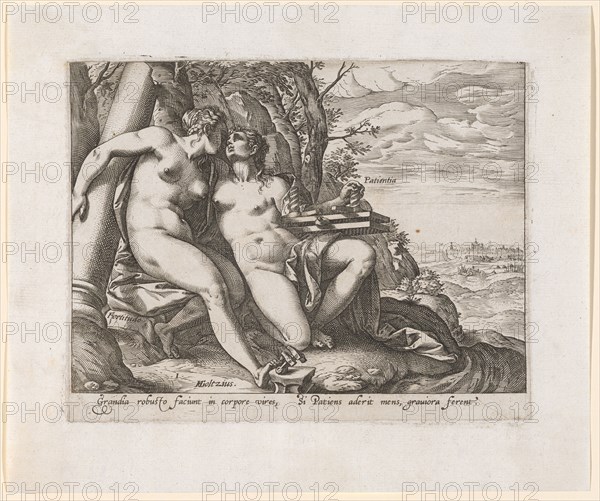 Fortitudo and Patientia, c. 1582, copperplate, plate: 16.3 x 20.8 cm |, Leaf: 22 x 26.2 cm, U.M. l., numbered and labeled: .I., HGoltzius., [HG lig.], at the l., Figure denotes: Fortitudo, at the r., Figure: patient, below the image field: Grandia robusto faciunt in corpore vires, Si Patiens aderit mens, grauiora ferent., Hendrick Goltzius, Mühlbrecht 1558–1617 Haarlem