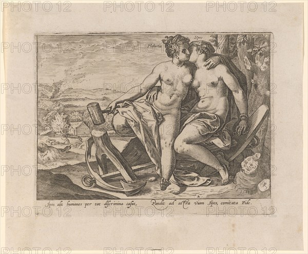 Spes and Fiducia, c. 1582, copperplate, plate: 16.1 x 21 cm |, Leaf: 21.9 x 26.1 cm, U. M. r., numbered: .2 ., at the l., Figure denotes: Fiducia, at the r., Figure: Spes, under the image field: Spes alit humanos per tot discrimina casus, Pandit ad astra viam Spes, comitata Fide., Hendrick Goltzius, Mühlbrecht 1558–1617 Haarlem
