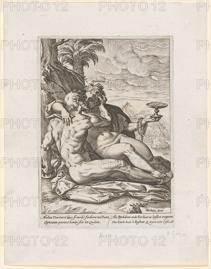 Honor and Opulentia (Honor and Wealth), 1582, copperplate, plate: 20.1 x 14.2 cm |, Leaf: 27.3 x 21.3 cm, U. l., numbered: 3 ., u, ., r., designated: HGoltzius [HG lig.] fecit ., at the l., Figure: Honor, at the r., Figure: Opulentia, under the image field: Mutua Diuitiæ et louse si inodo fœdera nectunt, Optatam parient homini sine lite quielem., When Ryckdom ends Eer haer in straightening, ons leuen naer t begheer zy vryen van besware [n], Hendrick Goltzius, Mühlbrecht 1558–1617 Haarlem