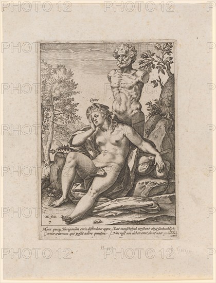 Quies (Quiet), 1582, copperplate, plate: 19.9 x 14 cm |, Leaf: 27.4 x 21 cm, U. l., designated and numbered: HG., [lig.] fecit., 4, in the figure: Quies, below the image field: Mens quoq [ue] Terrigenum curis distenditur ægra, Certior æternam quo posset adire quietem., Dat menschelyck verstant altyt sorchuuldich haect, Nae rust aen elcken cant, daert naer geduldich waect, Hendrick Goltzius, Mühlbrecht 1558–1617 Haarlem