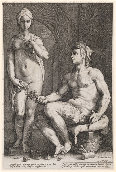 Pygmalion and Galatea, 1593, copperplate, plate: 32.8 x 21.7 cm |, Leaf: 33 x 22.2 cm, U. r., designated and dated: I. Saenredam excu., Anno., 1593., HGoltzius., [HG lig.] Inue [n] t et sculp ., inscribed below the image field: Sulpsit ebur niueum quod virginis ora gerebat, Pygmalion, viu [a] e dixisses virginis ora., Ipse opus author amans in imagine flagrat eburna, Munere Acidali [a] e cupido your iuncta marita est., F. Estius., Hendrick Goltzius, Inventor, Stecher, Mühlbrecht 1558–1617 Haarlem, Jan Saenredam, Verleger, Zaandam 1565–1607 Assendelft