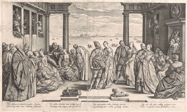 The Venetian Wedding, 1584, copperplate engraving (of two plates), on two sheets, paper glued together, plate: 43.8 x 74.1 cm |, Leaf: 46.7 x 77.1 cm (total), U. M. l., Inscribed: Theodorus Bernardus Amsterodamus Inuentor, u, ., M. r., Inscribed and dated: Henricus Goltzius sculptor., A ° 1584 ., below the image field: Hic Antenorei Connubia magna Senatus., Patriciosq [ue] vides cœtus, Venetosq [ue] Hymen [a] eos:, Et celebres thalami ritus t [a] edasq [ue] iugales, Solennesq [ue] vrbis pompas, clarosq [ue] triumphos:, Tum matronarum cultus, habitusq [ue] superbos, Squalentesq [ue] auro vestes, gemmisq [ue] nitentes:, Qu [a] e non visa prius, multisq [ue] incognita terris, Nunc euulgantur totum spectanda per orbem., Hendrick Goltzius, Stecher, Mühlbrecht 1558–1617 Haarlem, Dirck Barendsz., Inventor, 1534–1592 Amsterdam