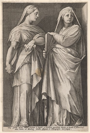 Two Sibyls, c. 1592, copperplate, plate: 24.4 x 16.2 cm |, Sheet: 24.6 x 16.4 cm, inscribed below the image field: You [a] e Sybill [a] e Rome [a] e extra Portam S. Angeli, a Polidoro quondam depict [a] e et lucide et subumbrose, nunc recens from HGoltzio, [HG lig.] Ibidem effigiat [a] e et chalcographa arte sculpt [a] e, Hendrick Goltzius, Stecher, Mühlbrecht 1558–1617 Haarlem, Polidoro Caldara, gen. da Caravaggio, Inventor, Caravaggio bei Bergamo um 1499 (?) – 1543 Messina