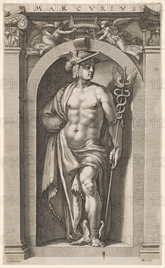 Mercury, 1592, copperplate, plate: 35.6 x 21.7 cm |, Leaf: 35.7 x 21.9 cm, O. M. inscribed: MARCVRIVS, u, ., l .: Polidorus ., u, ., r., designated: HG., [lig.] sculp., Hendrick Goltzius, Stecher, Mühlbrecht 1558–1617 Haarlem, Polidoro Caldara, gen. da Caravaggio, Inventor, Caravaggio bei Bergamo um 1499 (?) – 1543 Messina