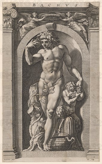 Bacchus, 1592, copperplate, plate: 35.5 x 21.6 cm |, Leaf: 35.5 x 21.7 cm, O. M. inscribed .: BACHVS ., u, ., l: Polidorus., inue, ., u, ., r., numbered and labeled: 7, HG., [lig.] sculp., Hendrick Goltzius, Stecher, Mühlbrecht 1558–1617 Haarlem, Polidoro Caldara, gen. da Caravaggio, Inventor, Caravaggio bei Bergamo um 1499 (?) – 1543 Messina