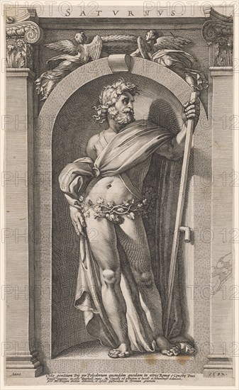 Saturn, 1592, copperplate, plate: 35.6 x 21.5 cm |, Sheet: 35.8 x 21.7 cm, O. M. inscribed: SATVRNVS ., u, ., l, ., and r., dated: Anno, 1592, u, ., Denotes: Octo gentium Dij by Polydorum quondam quodam in atrio Romæ e C [a] enobij Diui, Pauli regione: in colle Quirinali, nunc M. Cauallo ad parietem et lucide et subumbrose deliniati, by HGoltzium [HG lig.] ibidem adnotati, et c [a] elati postmodum in Tyronum gratiam., Hendrick Goltzius, Stecher, Mühlbrecht 1558–1617 Haarlem, Polidoro Caldara, gen. da Caravaggio, Inventor, Caravaggio bei Bergamo um 1499 (?) – 1543 Messina