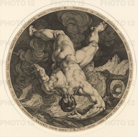 Tantalus, 1588, copperplate engraving, sheet: (diameter) 33.3 cm (trimmed at the edge of the plate), U. M. inscribed and dated: C.C., Pictor Inue., HGoltzius [HG lig.] Sculpt., A ° 1588, inscribed in the margin: TANTALVS IN MEDYS RESIDENCE SITIT ARIDVS VNDIS, QVAM MISER, INTER OPES QVI MALE VIVIT INOPS., HAVD BONA FORTVNÆ QVISQVAM PVTET ESSE BEATA, ILLA BONIS PROSVNT, ILLA NOCENTQ [VE] MALIS., Hendrick Goltzius, Stecher, Mühlbrecht 1558–1617 Haarlem, Cornelis Cornelisz. van Haarlem, Inventor, 1562–1638