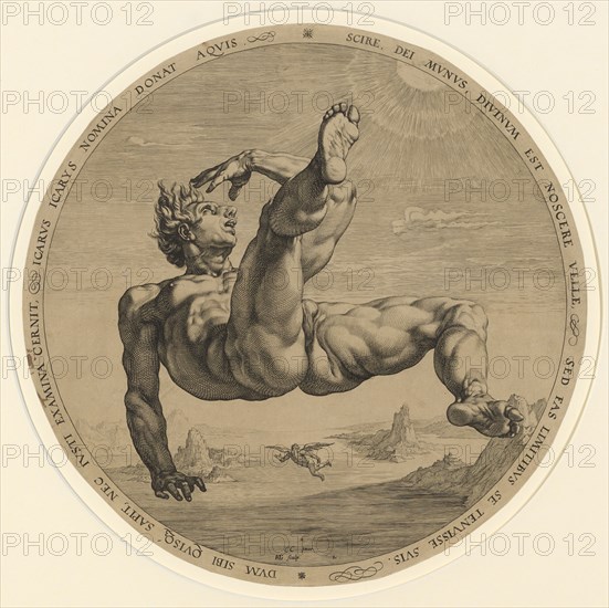 Icarus, 1588, copperplate, leaf: (diameter) 33.3 cm (trimmed at the edge of the plate), U.M. designated: C.C., Inue, ., HG., [lig.] sculp ., u, ., M. r., numbered: 2 ., inscribed in the margin: SCIRE, DEI MVNVS, DIVINVM EST NOSCERE VELLE, SED FAS LIMITIBVS SE TENVISSE SVIS., DVM SIBI QVISQ [VE] SAPIT, NEC IVSTI EXAMINA CERNIT, ICARVS ICARYS NOMINA DONATE AQVIS., Hendrick Goltzius, Stecher, Mühlbrecht 1558–1617 Haarlem, Cornelis Cornelisz. van Haarlem, Inventor, 1562–1638