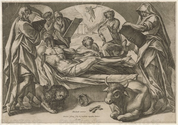 The Corpse of Christ and the Four Evangelists, 1583, copperplate, sheet: 31 x 44.7 cm, U. M. inscribed and dated: ABloclandt [AB lig.] Inuentor., Henricus Goltzius sculp,, Hendrick Goltzius, Stecher, Verleger, Mühlbrecht 1558–1617 Haarlem, Anthonie Blocklandt, Inventor, Montfoort 1533/34-1583 Utrecht