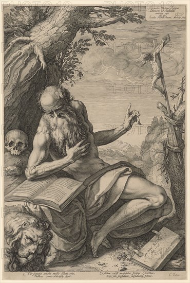 The hl., Hieronymus, 1596, copperplate, plate: 41.9 x 28.2 cm |, Leaf: 42.2 x 28.6 cm, O. r., Inscribed: Alexandro Victorio Insigni, Statuario, Hendrick Goltzius, Stecher, Mühlbrecht 1558–1617 Haarlem, Jacopo Palma il Giovane, Inventor, Venedig um 1548 - 1628 Venedig