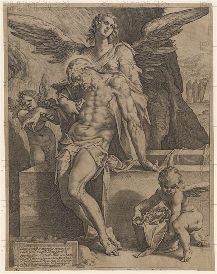 The Corpse Christi, supported by angels, 1587, copperplate engraving, sheet: 33.5 x 26.4 cm, dated in the M. on the tombstone: A ° 1587, u, ., l, ., Inscribed: Illus: Generoso et Magnifico Domino D [omi] no, Paulo syxto Trautson libero Baroni in, Sprechenstain et Schrofenstain, Hendrick Goltzius, Stecher, Mühlbrecht 1558–1617 Haarlem, Bartholomäus Spranger, Inventor, Antwerpen 1546–1611 Prag