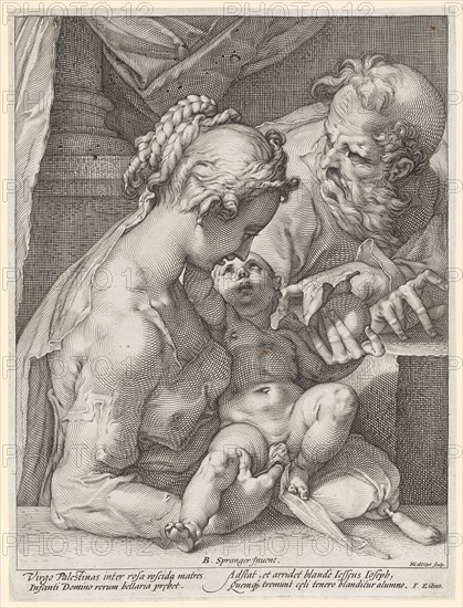 The Holy Family, c. 1589, copperplate, plate: 28.8 x 21.7 cm |, Leaf: 29.1 x 21.9 cm, U. M. inscribed: B. Spranger Inuent ., u, ., r .: HGoltzius [HG lig.] sculp ., below the image field: Virgo Palestinas inter rosa roscida matres, Infanti Domino rerum bellaria pr [a] ebet., Adstat, et arridet blande Iess [a] eus Ioseph, Quemq [ue] tremunt c [a] eli tenero blanditur alumno., F. Estius., Hendrick Goltzius, Stecher, Mühlbrecht 1558–1617 Haarlem, Bartholomäus Spranger, Inventor, Antwerpen 1546–1611 Prag