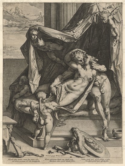 Mars and Venus, 1588, copperplate, sheet: 44.6 x 33.2 cm (trimmed at the edge of the plate), U. M. inscribed and dated: B. Spranger., Inuentor, ., HGoltzius [HG lig.] Sculptor., A ° 1588, inscribed under the image field: Mundi oculus Phœbus, mundi jux, omnia ceruit, Sub nitido arcanum est brine, latensq [ue] nihil., Martis adulterium blanda cum cijpride, nexus, Mulciberis, dictis pr [a] ebet abound fidem., Nudus vterq [ue] iacet: nil sic c [a] elatur, et atra, Nox operit, prodat quin, reseretq [ue] this., Hendrick Goltzius, Stecher, Mühlbrecht 1558–1617 Haarlem, Bartholomäus Spranger, Inventor, Antwerpen 1546–1611 Prag