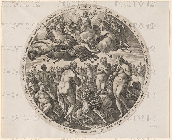 The Resurrection of the Dead, c. 1578, copperplate, plate: 26.3 cm (diameter) |, Leaf: 27.4 x 33.3 cm, U. M. inscribed: Ioha [nnes] Strada inuen., Ph [i] l [ip] s Galle Excu ., in the margin: et mediates angelos suos cum tuba, et voce magna: et congregabunt electos eius a quatuor ventis a summis cœlorum vsque ad terminos eorum., Matthaei, ., 24.31, ., In momento in ictu oculi in nouissima tuba (canet enim tuba) and mortui incorrupti: et nos immutabimur., 1. Corrintheorum.15.52., Hendrick Goltzius, Stecher, Mühlbrecht 1558–1617 Haarlem, Johannes Stradanus, Inventor, Brügge 1523-1605 Florenz, Philips Galle, Verleger, Haarlem um 1537–1612 Antwerpen