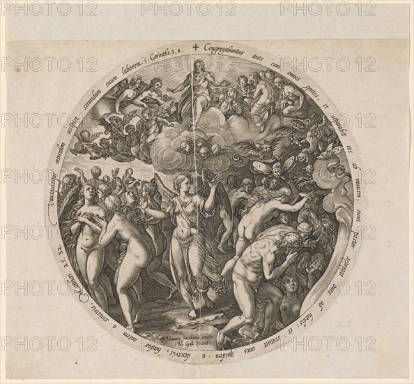 The separation of the good and the bad, c. 1578, copperplate, plate: 26.3 cm (diameter) |, Leaf: 27.5 x 32.8 cm, U. M. inscribed: Johannes Stradanus inuetor., Ph [i] l [ip] s bile Excud :, in the margin: Congregabuntur ante eum omnes gentes, et separabit eos ab inuicem, sicut pastor segregat oues ab hædis: et statuet oues quidem a dextris, hædos autem a sinistris., Matthaei, ., 25.32, ., Vnusquisque mercedem accipiet secundum suum laborem., 1. Corinthians., 3.8., Hendrick Goltzius, Stecher, Mühlbrecht 1558–1617 Haarlem, Johannes Stradanus, Inventor, Brügge 1523-1605 Florenz, Philips Galle, Verleger, Haarlem um 1537–1612 Antwerpen