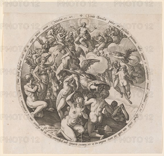 The Ascension of the Blessed, c. 1578, copperplate, plate: 26.5 cm (diameter) |, Leaf: 27.6 x 31.2 cm, U.M. l., inscribed: Ioha [nnes] Stradanus inuen, Henricus Goltz, sculp, in the margin: Venite Benedicti patris mei possidete paratum vobis regnum a constitutione mundi., Matthaei, ., 25.35, ., Quod oculis non vidit nec auris audiuit nec in hominis ascendit quæ preparauit Deus ijs qui diligunt eum., i, ., Corintheorum, ., 2.9., Tunc justi fulgebunt sicut sol in regno patris eorum., Matthaei, ., 13:43, ., Hendrick Goltzius, Stecher, Mühlbrecht 1558–1617 Haarlem, Johannes Stradanus, Inventor, Brügge 1523-1605 Florenz, Philips Galle, Verleger, Haarlem um 1537–1612 Antwerpen