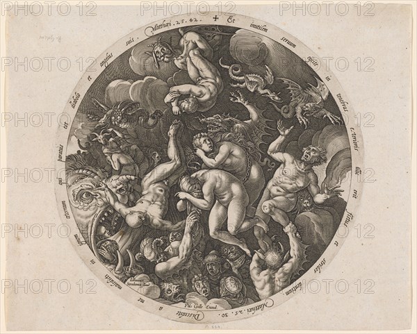 The Hell's Fall of the Damned, c. 1578, copperplate engraving, plate: 26.5 cm (diameter) |, Leaf: 27.7 x 34.2 cm, U.M. l., Inscribed: Johannes Stradanus Inue [ntor], u, ., M .: Ph [i] l [ip] s Galle Excud ., in the margin: Et inutilem seruum eijcite in tenebras exterioris illic erit flectus et stridor dentium., Matthaei, ., 25.30, ., Discedite a me maledicti in ignem æternum qui paratus est diabolo et angelus suis., Matthaei, ., 25.42, ., Hendrick Goltzius, Stecher, Mühlbrecht 1558–1617 Haarlem, Johannes Stradanus, Inventor, Brügge 1523-1605 Florenz, Philips Galle, Verleger, Haarlem um 1537–1612 Antwerpen