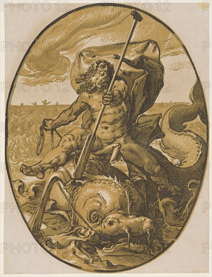 Oceanus, 1588/90 (probably print 1617/20), chiaroscuro woodcut of three panels (ocher, light olive and black), image: 35 x 26.5 cm (oval) |, Leaf: 35 x 26.5 cm, U. M. inscribed: HG., [lig.] F., Hendrick Goltzius, Mühlbrecht 1558–1617 Haarlem, Willem Jansz. Blaeu, Verleger, Alkmaar 1571–1638 Amsterdam