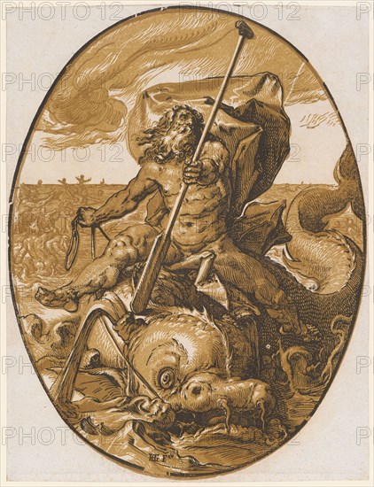 Oceanus, 1588/90 (probably print 1617/20), chiaroscuro woodcut of three plates (ocher, light brown and black), image: 35.3 x 26.6 cm (oval) |, Leaf: 35.6 x 26.8 cm, U. M. inscribed: HG., [lig.] F, Hendrick Goltzius, Mühlbrecht 1558–1617 Haarlem, Willem Jansz. Blaeu, Verleger, Alkmaar 1571–1638 Amsterdam