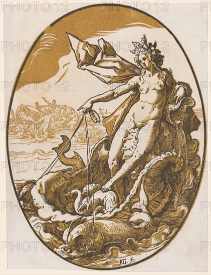 Thetis, 1588/90 (probably print 1617/20), chiaroscuro woodcut of two plates (ocher and black), image: 35.2 x 26.6 cm (oval) |, Leaf: 35.5 x 26.8 cm, U. M. inscribed: HG., [lig.] fe., Hendrick Goltzius, Mühlbrecht 1558–1617 Haarlem, Willem Jansz. Blaeu, Verleger, Alkmaar 1571–1638 Amsterdam