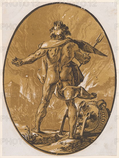 Pluto, 1588/90 (probably print 1617/20), chiaroscuro woodcut of three plates (ocher, light brown and black), image: 35 x 26.3 cm (oval) |, Leaf: 35.3 x 26.4 cm, U. M. inscribed: HG., [lig.] fe, Hendrick Goltzius, Mühlbrecht 1558–1617 Haarlem, Willem Jansz. Blaeu, Verleger, Alkmaar 1571–1638 Amsterdam