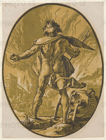 Pluto, 1588/90 (probably print 1617/20), chiaroscuro woodcut of three plates (two clay plates in yellow and olive green, above reticule in black), image: 34.4 x 25.9 cm (oval) |, Leaf: 34.4 x 26.1 cm, U. M. inscribed: HG., [lig.] fe., Hendrick Goltzius, Mühlbrecht 1558–1617 Haarlem, Willem Jansz. Blaeu, Verleger, Alkmaar 1571–1638 Amsterdam