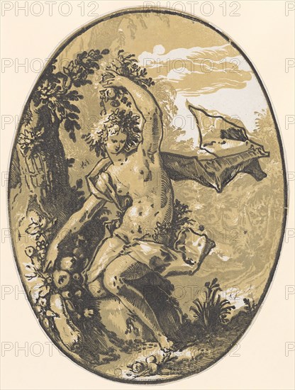 Proserpina, 1588/90 (probably print 1617/20), chiaroscuro woodcut of three plates (light olive, light brown and black), image: 34.4 x 26.2 cm (oval) |, Leaf: 35.6 x 26.5 cm (oval cut out), M. l., monogrammed (in the bright clay plate): HG [lig.], Hendrick Goltzius, Mühlbrecht 1558–1617 Haarlem, Willem Jansz. Blaeu, Verleger, Alkmaar 1571–1638 Amsterdam