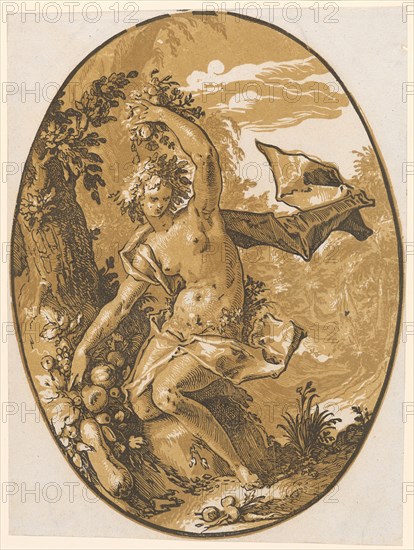 Proserpina, 1588/90 (probably print 1617/20), chiaroscuro woodcut of three plates (ocher, light brown and black), image: 35 x 26.3 cm (oval) |, Leaf: 35.3 x 26.5 cm, M. l., monogrammed (in the bright clay plate): HG [lig.], Hendrick Goltzius, Mühlbrecht 1558–1617 Haarlem, Willem Jansz. Blaeu, Verleger, Alkmaar 1571–1638 Amsterdam