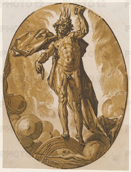 Helios, 1588/90 (probably print 1617/20), chiaroscuro woodcut of three plates (ocher, light brown and black), image: 35.2 x 26.7 cm (oval) |, Leaf: 35.4 x 27 cm, U. M. inscribed: HG., [lig.] fe., Hendrick Goltzius, Mühlbrecht 1558–1617 Haarlem, Willem Jansz. Blaeu, Verleger, Alkmaar 1571–1638 Amsterdam