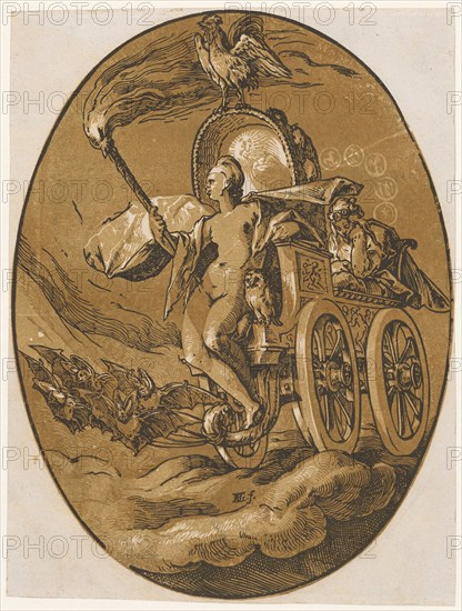 Nox, 1588/90 (probably print 1617/20), chiaroscuro woodcut of three plates (ocher, light brown and black), image: 35 x 26.4 cm (oval) |, Leaf: 35.3 x 26.5 cm, U. M. inscribed: HG., [lig.] f., Hendrick Goltzius, Mühlbrecht 1558–1617 Haarlem, Willem Jansz. Blaeu, Verleger, Alkmaar 1571–1638 Amsterdam