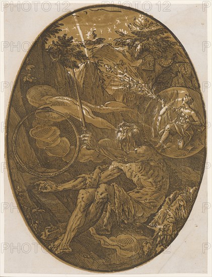 Demogorgon in the Cave of Infinity, 1588/90 (probably print 1617/20), chiaroscuro woodcut of three panels (2 x the same brown and black), image: 35.4 x 26.5 cm (oval) |, Leaf: 35.5 x 26.6 cm, U. M. r., denoted (in one of the clay plates, almost invisible): HG., [lig.] F., Hendrick Goltzius, Mühlbrecht 1558–1617 Haarlem, Willem Jansz. Blaeu, Verleger, Alkmaar 1571–1638 Amsterdam