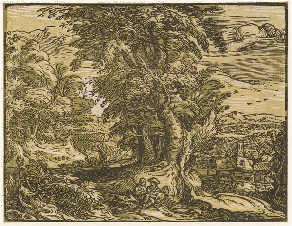 Landscape with a shepherd couple, c. 1597/1600 (print probably 1617/20), chiaroscuro woodcut of three plates (green, light green and black), leaf: 11.4 x 14.8 cm, signed by U. M. monogram: .HG [lig.], Hendrick Goltzius, Mühlbrecht 1558–1617 Haarlem, Willem Jansz. Blaeu, Verleger, Alkmaar 1571–1638 Amsterdam