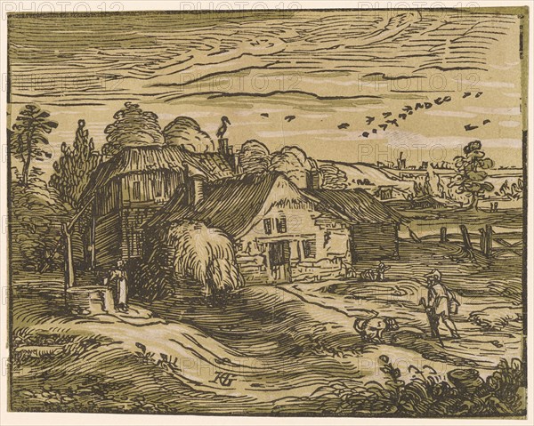 Landscape with peasant homestead, c. 1597/1600 (print probably 1617/20), chiaroscuro woodcut of three plates (green, light green and black), page: 11.3 x 14.7 cm, signed by monogram: HG [lig.], Hendrick Goltzius, Mühlbrecht 1558–1617 Haarlem, Willem Jansz. Blaeu, Verleger, Alkmaar 1571–1638 Amsterdam
