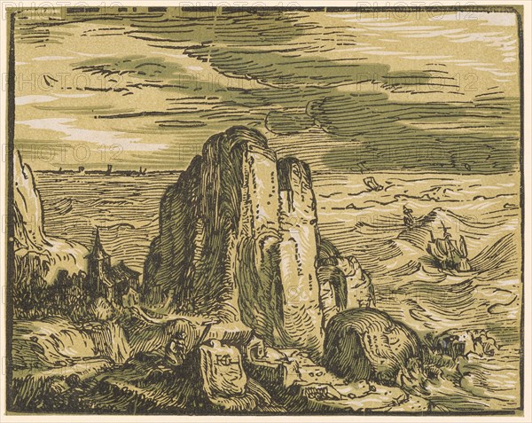Rock cliff at the seashore, around 1597/1600 (probably print 1617/20), chiaroscuro woodcut of three plates (green, light green and black), image: 11.5 x 14.5 cm, signed by monogram: HG [lig.], Hendrick Goltzius, Mühlbrecht 1558–1617 Haarlem, Willem Jansz. Blaeu, Verleger, Alkmaar 1571–1638 Amsterdam