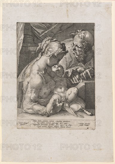 The Holy Family, c. 1600, copperplate, plate: 22.9 x 16.7 cm |, Sheet: 34.1 x 23.6 cm, Under the image field l., designated: Barth., Spranger, inuentor ., M: Virgo nata, parens, natum complexa parentem, Qui coelum, terras, sideraque alta regit., Virgineis dominum lactans fert mater in vlnis, Quod natura stupet, sculpta figura docet ., r .: Conradus Goltzius, excudit Coloniæ, Hendrick Goltzius, (Kopie nach / copy after), Mühlbrecht 1558–1617 Haarlem, Conrad Goltzius, Stecher, ca. 1550/60 - vor 1617 Köln, Bartholomäus Spranger, Inventor, Antwerpen 1546–1611 Prag