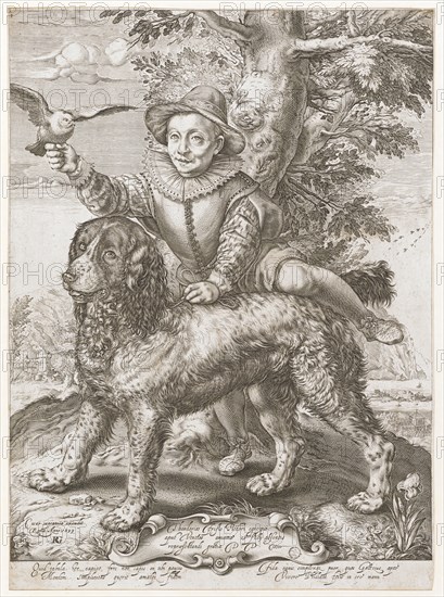 Portrait of the boy Frederick de Vries, 1599, copperplate engraving, sheet: 35.4 x 26.1 cm, U. l., inscribed: Cesar capranica excudit, Romæ Anno 1599, RG [lig.], u, ., M .: Theodorico Frisio Pictori egregio, aput Venetos amicitiæ et filij absentis, repræsentandi gratia D.D ., below the image field: Quid tabula h [a] ec capiat, fors non capis: en tibi paucis, Mentem., Simplicitas qu [a] erit amatq [ue] fidem, Fida canis simplexq [ue] puer, quos Goltzius apto, Vivere Phidiaca fecit in [a] ere manu., Hendrick Goltzius, (Kopie nach / copy after), Stecher, Inventor, Mühlbrecht 1558–1617 Haarlem, Raffaello Guidi, Stecher, Florenz um 1540 - nach 1615