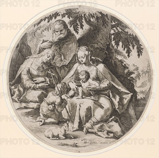 The Holy Family in the Landscape with St. Elisabeth and the Johannesknaben, 1595 (print 1600/1620), copperplate engraving, sheet: 36 x 36 cm (diameter), U. M. r., inscribed: HGoltzius [HG lig.] Inue., Matham ex., Hendrick Goltzius, Inventor, Mühlbrecht 1558–1617 Haarlem, Jacob Matham, Verleger, Haarlem 1571–1631 Haarlem