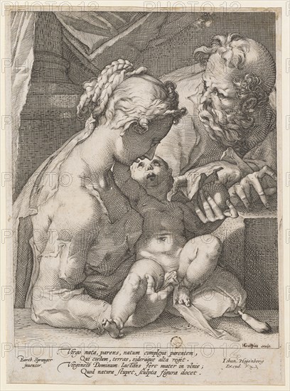 The Holy Family, c. 1600, copperplate, plate: 23.2 x 16.8 cm |, Leaf: 23.6 x 17.4 cm, U. r., designated: HGoltzius [HG lig.] sculp ., under the picture field l .: Barth., Spranger, inuentor ., M: Virgo nata, parens, natum complexa parentem, Qui coelum, terras, sideraque alta regit., Virgineis dominum lactans fert mater in vlnis, Quod natura stupet, sculpta figura docet ., r .: Johan., Hogenberg, Excud., Hendrick Goltzius, (Kopie nach / copy after), Mühlbrecht 1558–1617 Haarlem, Conrad Goltzius, Stecher, ca. 1550/60 - vor 1617 Köln, Johannes Hogenberg, Verleger, Mechelen (?) vor 1578 - nach 1614 Köln (?), Bartholomäus Spranger, Inventor, Antwerpen 1546–1611 Prag