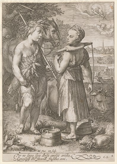 The Summer, 1601 (print before 1652), copperplate engraving, sheet: 22.2 x 15.9 cm (trimmed within the margin of the plate), U. l., numbered: 2, u, ., M. l., designated: HG., [lig.] Inue., I.S., sculp, ., under the picture field: Per me larga seges densis canescit aristis, Agricolasq [ue] beo fœcundi frugibus anni ., u, ., r., numbered and monogrammed: 2, C.S., Jan Saenredam, Stecher, Zaandam 1565–1607 Assendelft, Hendrick Goltzius, Inventor, Mühlbrecht 1558–1617 Haarlem, Claes Jansz. Visscher, Verleger, Amsterdam 1586/87–1652 Amsterdam