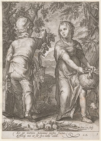 Autumn, 1601 (print before 1652), copperplate engraving, sheet: 22.2 x 15.8 cm (trimmed within the margin of the plate), U. l., numbered: 3, u, ., r., designated: HG., [lig.] Inue., I.S., sculp, ., under the picture: En ego maturos Autumnus profero fructus, Efficioq [ue] mei ne sit spes vana coloni ., u, ., r., monogrammed and numbered: C.S., 3, Jan Saenredam, Stecher, Zaandam 1565–1607 Assendelft, Hendrick Goltzius, Inventor, Mühlbrecht 1558–1617 Haarlem, Claes Jansz. Visscher, Verleger, Amsterdam 1586/87–1652 Amsterdam