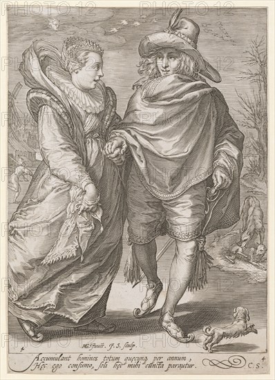 Winter, 1601 (print before 1652), copperplate engraving, sheet: 22.3 x 15.9 cm (trimmed within the margin of the plate), U. l., numbered: 4, u, ., M. indicates: HG., [lig.] Inu [n] et., I.S., sculp, ., below the image field: Accumulant homines totum qu [a] ecunq [ue] per annum, H [a] ec ego consumco, soli h [a] ec mihi cuncta parautur ., u, ., r., numbered and monogrammed: 4, C.S., Jan Saenredam, Stecher, Zaandam 1565–1607 Assendelft, Hendrick Goltzius, Inventor, Mühlbrecht 1558–1617 Haarlem, Claes Jansz. Visscher, Verleger, Amsterdam 1586/87–1652 Amsterdam