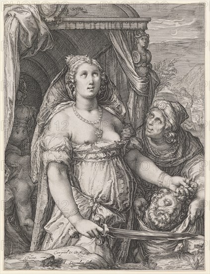 Judith with the head of Holofernes, c. 1595, copperplate engraving, sheet: 26.5 x 20.1 cm (trimmed within the margin of the plate), U. l., designated: HGoltzius [HG lig.] Invent ., u, ., M. l .: Cum privil Sa. Cæ., M., I. Saenredam sculp., Jan Saenredam, Stecher, Zaandam 1565–1607 Assendelft, Hendrick Goltzius, Inventor, Mühlbrecht 1558–1617 Haarlem