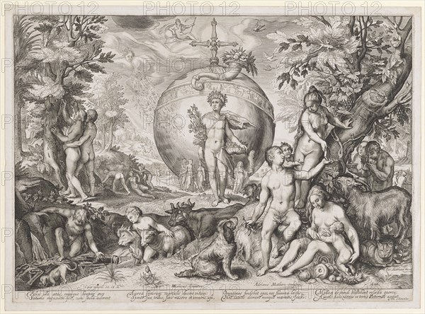 The Golden Age, 1620, copperplate, plate: 30.5 x 42.2 cm |, Leaf: 32.1 x 43.6 cm, U.M., designated: HGoltzius [HG lig.] Inuentor ., u, ., M. r .: Adrianus Matham sculptor ., u, ., l: Cum privil., Sa. Cæ Mtis ., u, ., r .: Iac., Matham excud, 1620, under the picture field: Felix illa ætas omnique beatior ævo, Saturno regnante fuit, cum sæcla iuberent, Aurea securam mortales ducere vitam:, Sponte sua tellus, sine rastro et vomeris vsu, Omnigenas fundebat opes, nec flumina lactis, Nec latices deerant nunqua mærentis, Iacchi: Mellaq [ue] de viridi stillabant roscidea quereu: Aureus hanc vitam in terris Saturnus agebat., Th. Schrevelius, Adriaen Matham, Stecher, Haarlem um 1599–1660 Den Haag, Hendrick Goltzius, Inventor, Mühlbrecht 1558–1617 Haarlem, Jacob Matham, Verleger, Haarlem 1571–1631 Haarlem