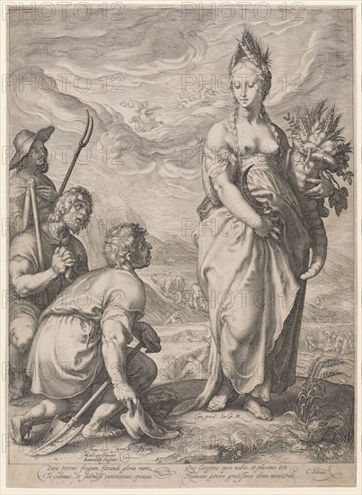 Cult of Ceres, 1596, copperplate, plate: 45 x 32.7 cm |, Leaf: 45 x 32.7 cm, U. l., dated and inscribed: Anno., 1596., HGoltzius [HG lig.] Inuent., JSanredam [JS lig.] Sculptor ., u, ., M. numbered: I ., under the feet of Ceres: Cum privil., Sæ, ., CAE, ., M ., below the image field: Diva potens frugum, fæcundi gloria ruris, Te colimus, te submissi veneramur, opimas, Qu [a] e largiris opes nobis, et plurima toti, Humano generi gratissima dona ministras ., r .: C. Already [a] eus., Jan Saenredam, Stecher, Zaandam 1565–1607 Assendelft, Hendrick Goltzius, Inventor, Mühlbrecht 1558–1617 Haarlem
