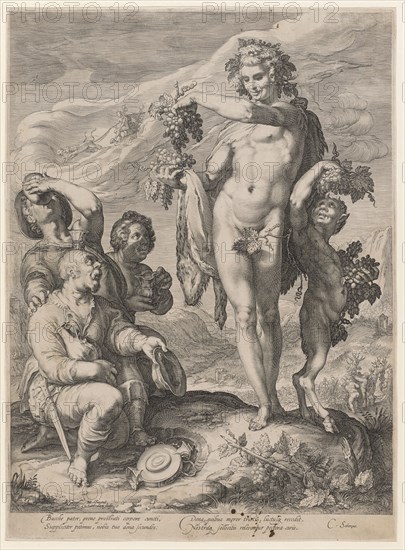 Cult of Bacchus, 1596, copperplate, plate: 44.6 x 32.2 cm |, Leaf: 44.7 x 32.6 cm, U. l., designated: HG., [lig.] Inuent., Sanredam sculp ., under the picture: Bacche pater, prono prostrati corpore cuncti, Suppliciter petimus, nobis tua dona secunda:, Dona, quibus m [a] eror tristis, luctusq [ue] recedit, Nostraq [ue] sollicitis relevantur pectora curis ., u, ., r .: C. Already [a] eus., Jan Saenredam, Stecher, Zaandam 1565–1607 Assendelft, Hendrick Goltzius, Inventor, Mühlbrecht 1558–1617 Haarlem