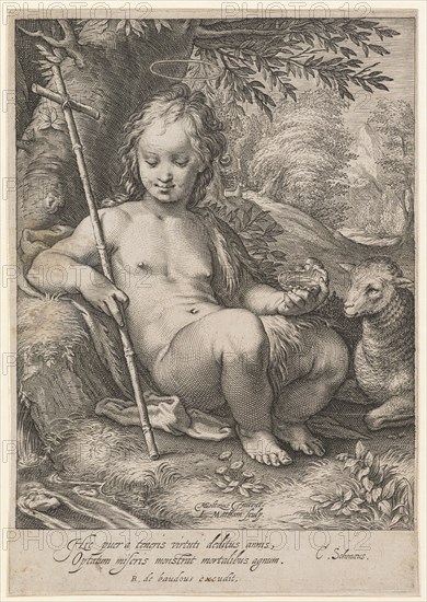 Johannesknabe, c. 1597, copperplate, plate: 20.5 x 14.5 cm |, Leaf: 20.7 x 14.5 cm, U. M. inscribed: HGoltzius [HG lig.] Inuent., I. Matham sculp ., under the image field: Hic puer a teneris virtuti deditus annis, Optatum miseris monstrat mortalibus agnum., R. de baudous excudit ., r .: C. Schnæus., Jacob Matham, Stecher, Haarlem 1571–1631 Haarlem, Hendrick Goltzius, Inventor, Mühlbrecht 1558–1617 Haarlem